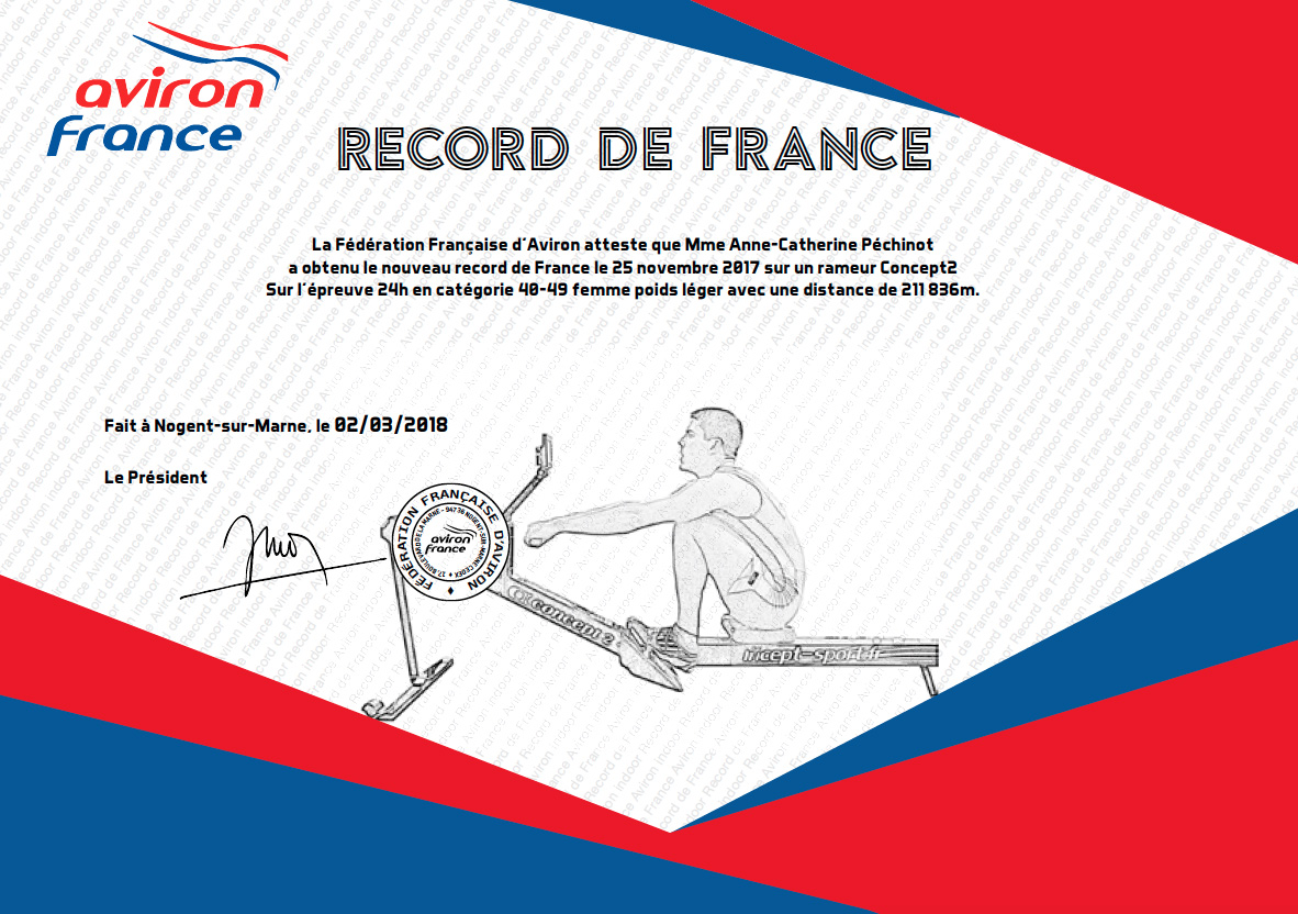 Anne-Catherine Péchinot - Record de France en solo sur rameur indoor avec 211836 mètres le 25 novembre 2017